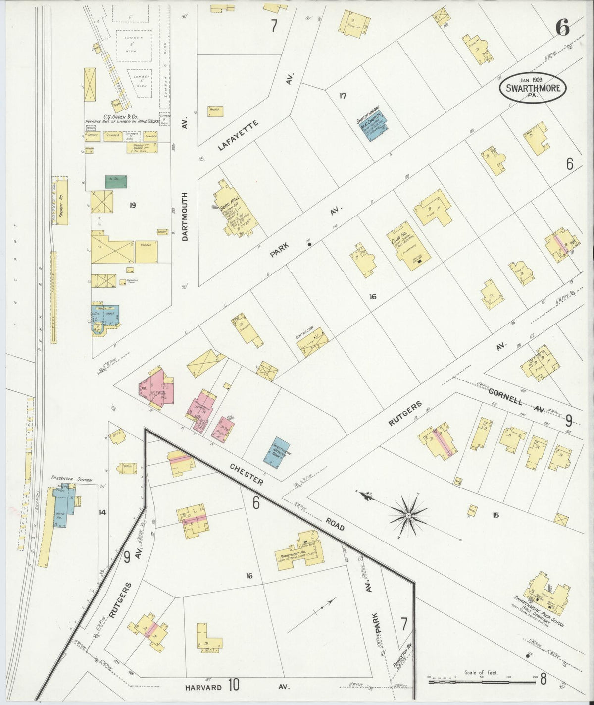 Sanborn Fire Insurance Map from Swarthmore, Delaware County, Pennsylvania (1909), Sheet #0006 - Historic Sanborn Fire Insurance Map Print, vintage old map wall art, antique decor, genealogy gift, Pennsylvania Pennsylvania map