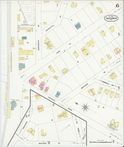 Sanborn Fire Insurance Map from Swarthmore, Delaware County, Pennsylvania (1909), Sheet #0006 - Historic Sanborn Fire Insurance Map Print, vintage old map wall art, antique decor, genealogy gift, Pennsylvania Pennsylvania map