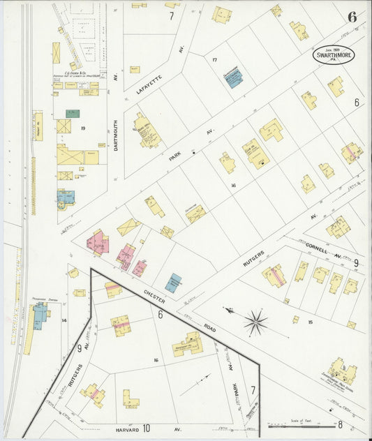 Sanborn Fire Insurance Map from Swarthmore, Delaware County, Pennsylvania (1909), Sheet #0006 - Historic Sanborn Fire Insurance Map Print, vintage old map wall art, antique decor, genealogy gift, Pennsylvania Pennsylvania map