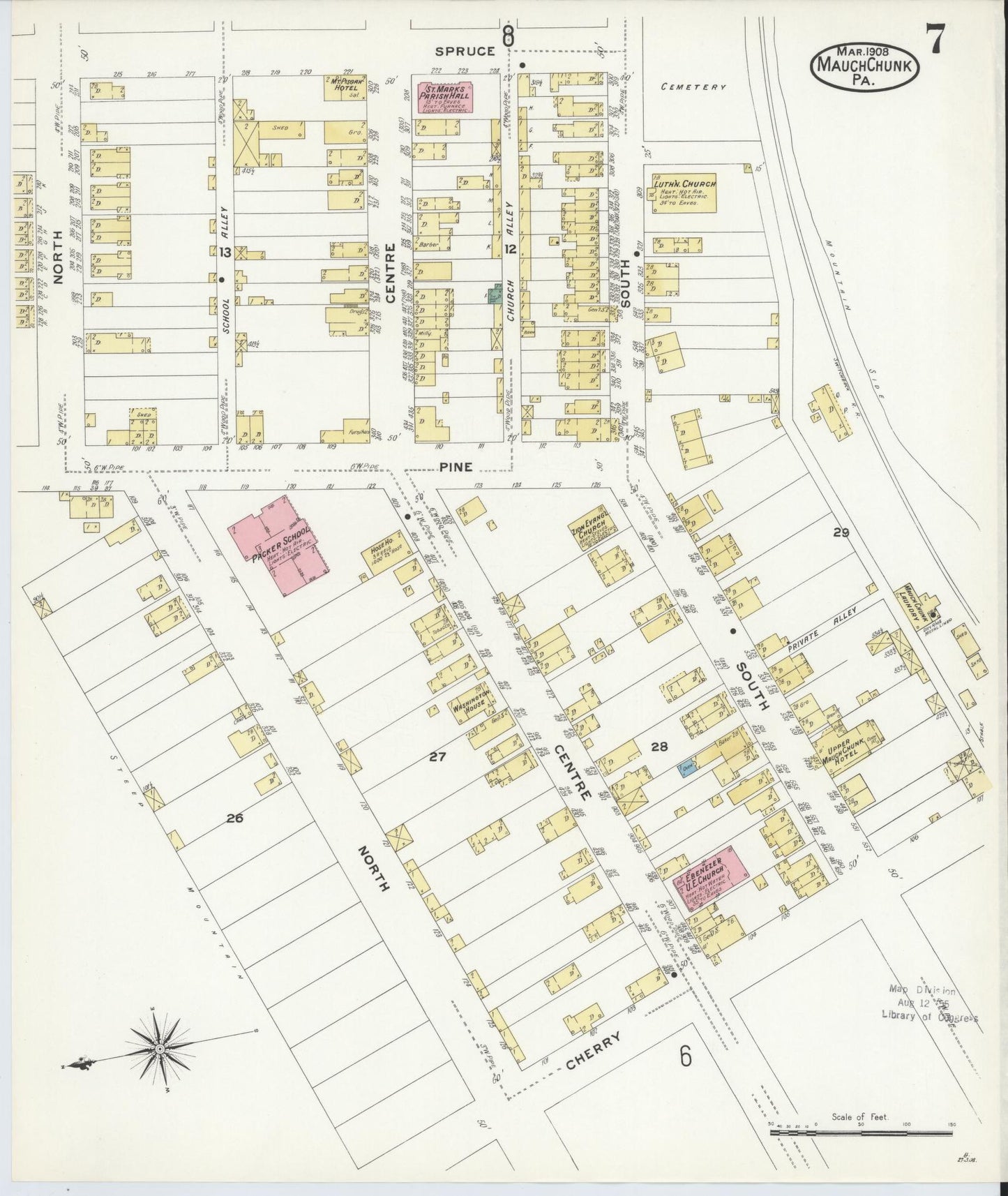 Sanborn Fire Insurance Map from Mauch Chunk, Carbon County, Pennsylvania (1908), Sheet #0007 - Historic Sanborn Fire Insurance Map Print, vintage old map wall art, antique decor, genealogy gift, Pennsylvania Pennsylvania map