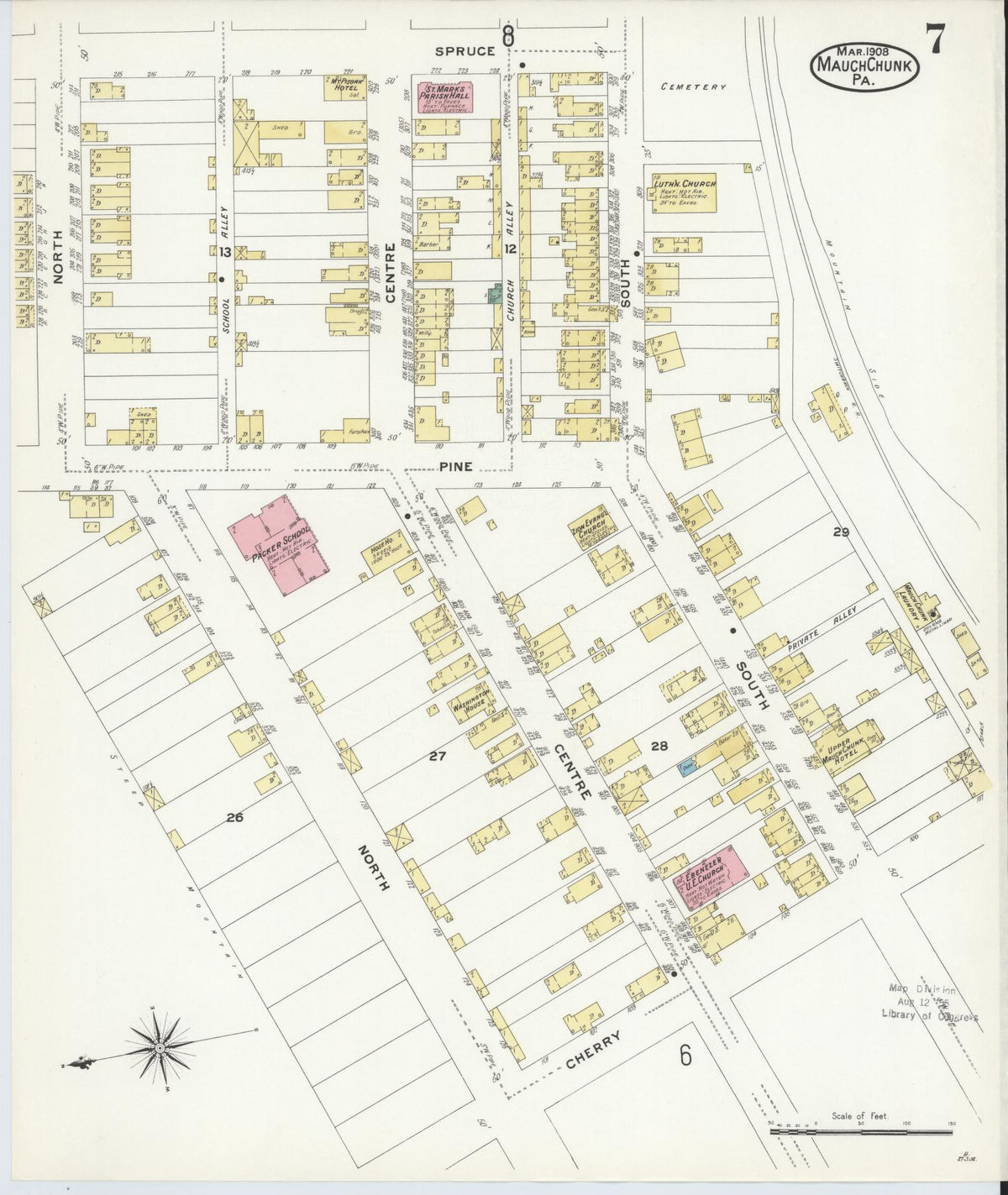 Sanborn Fire Insurance Map from Mauch Chunk, Carbon County, Pennsylvania (1908), Sheet #0007 - Historic Sanborn Fire Insurance Map Print, vintage old map wall art, antique decor, genealogy gift, Pennsylvania Pennsylvania map