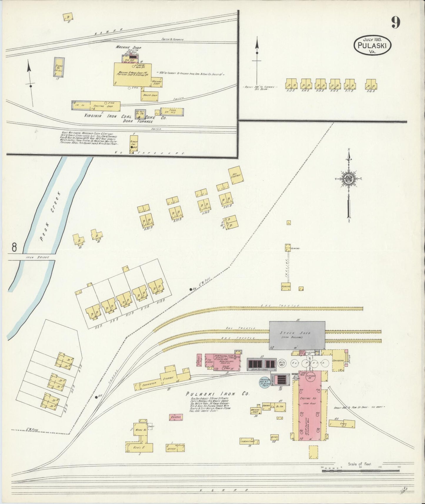 Sanborn Fire Insurance Map from Pulaski, Pulaski County, Virginia (1913), Sheet #0009 - Complete Map Set gallery image, historic Sanborn map, vintage wall art, Virginia Virginia