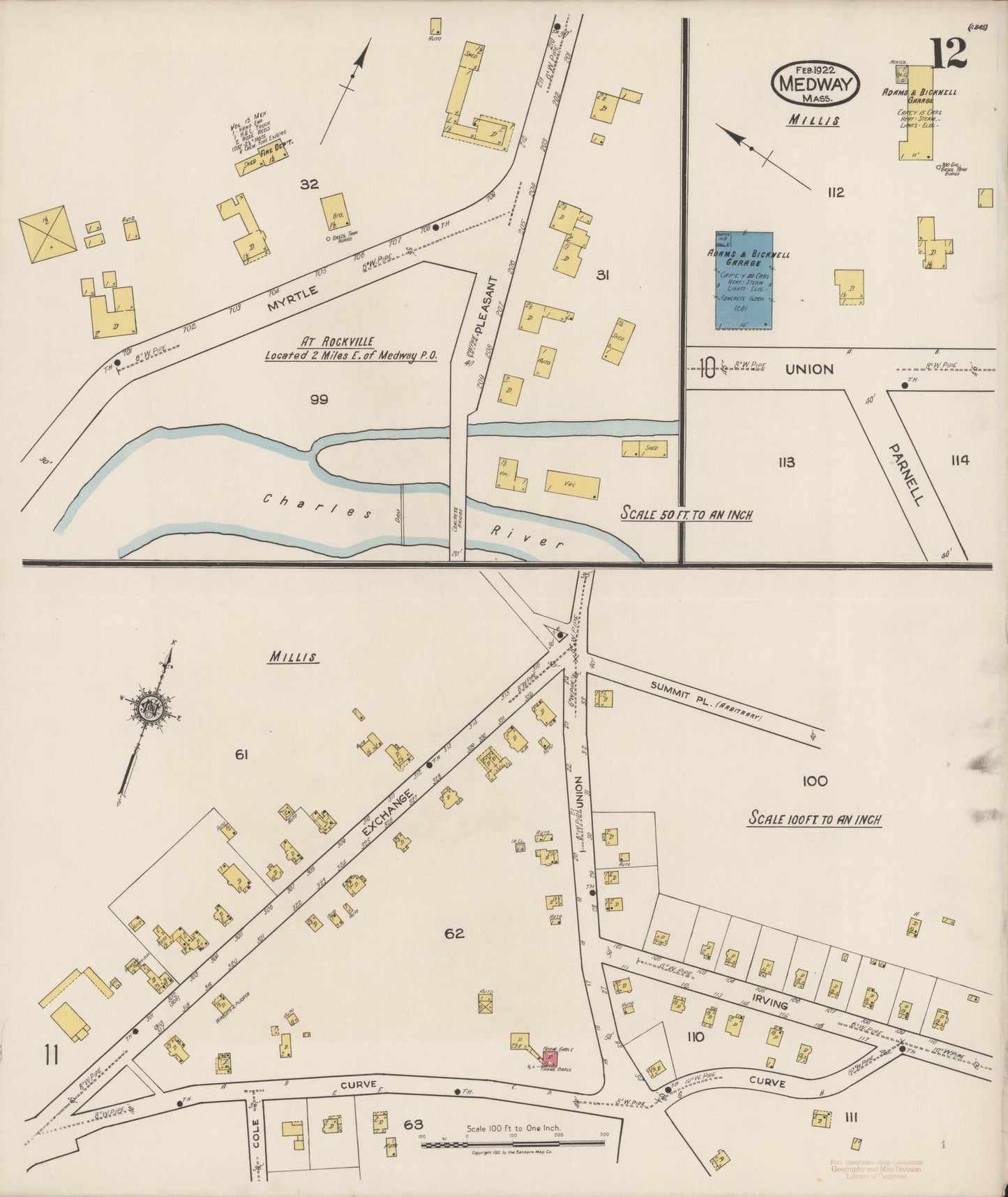 Sanborn Fire Insurance Map from Medway, Norfolk County, Massachusetts (1922), Sheet #0012 - Historic Sanborn Fire Insurance Map Print, vintage old map wall art, antique decor, genealogy gift, Massachusetts Massachusetts map