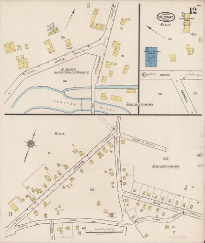 Sanborn Fire Insurance Map from Medway, Norfolk County, Massachusetts (1922), Sheet #0012 - Historic Sanborn Fire Insurance Map Print, vintage old map wall art, antique decor, genealogy gift, Massachusetts Massachusetts map