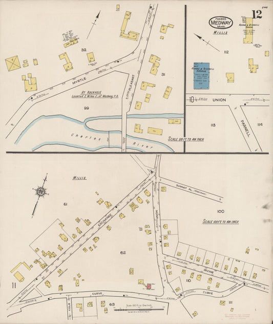 Sanborn Fire Insurance Map from Medway, Norfolk County, Massachusetts (1922), Sheet #0012 - Historic Sanborn Fire Insurance Map Print, vintage old map wall art, antique decor, genealogy gift, Massachusetts Massachusetts map