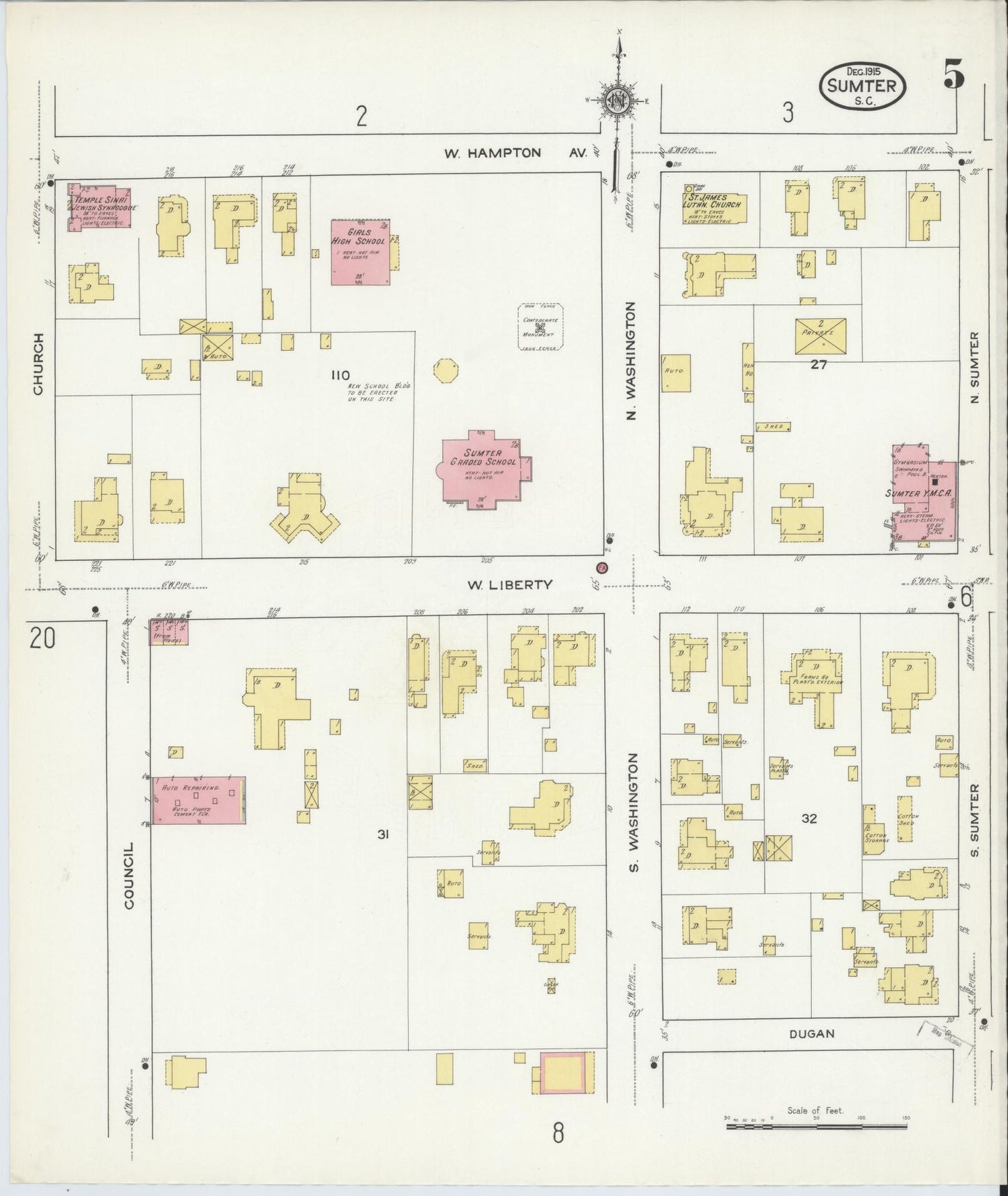 Sanborn Fire Insurance Map from Sumter, Sumter County, South Carolina (1915), Sheet #0005 - Historic Sanborn Fire Insurance Map Print, vintage old map wall art, antique decor, genealogy gift, South Carolina South Carolina map