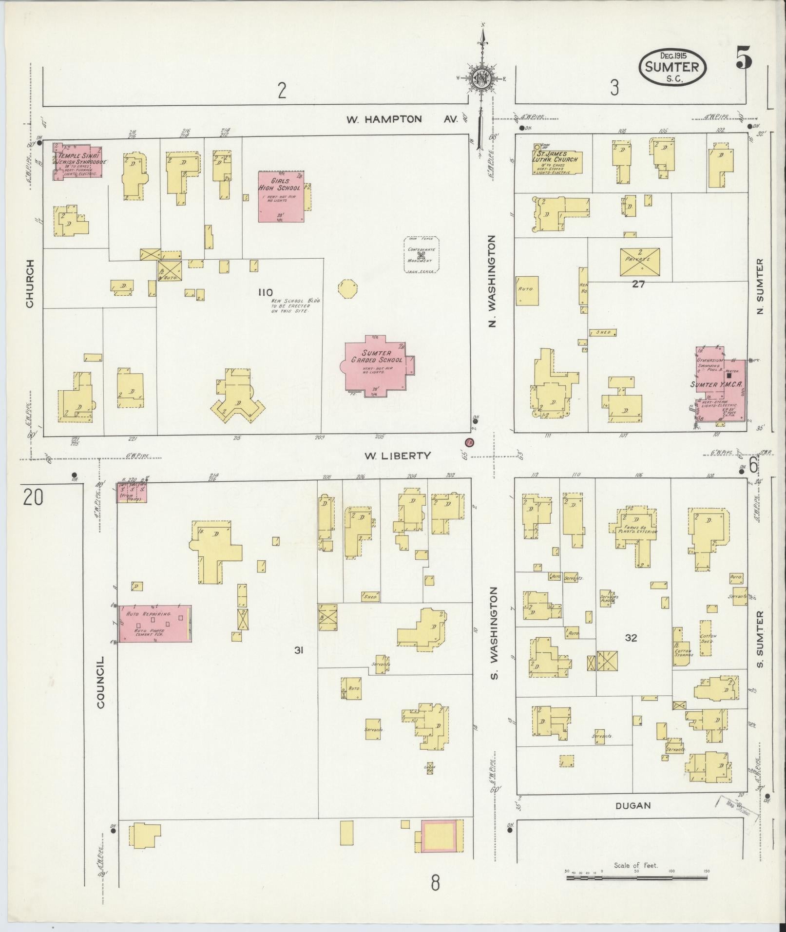 Sanborn Fire Insurance Map from Sumter, Sumter County, South Carolina (1915), Sheet #0005 - Historic Sanborn Fire Insurance Map Print, vintage old map wall art, antique decor, genealogy gift, South Carolina South Carolina map