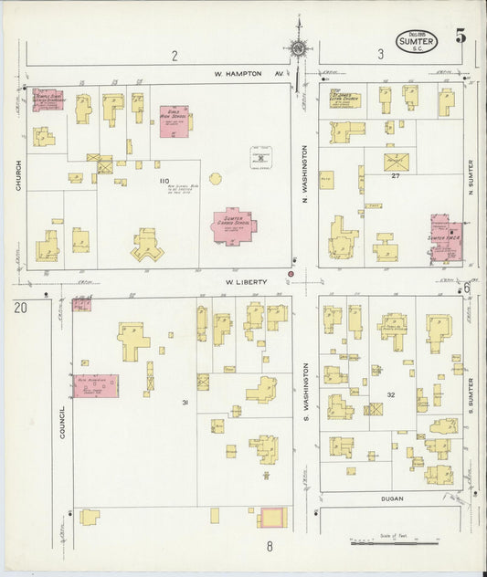 Sanborn Fire Insurance Map from Sumter, Sumter County, South Carolina (1915), Sheet #0005 - Historic Sanborn Fire Insurance Map Print, vintage old map wall art, antique decor, genealogy gift, South Carolina South Carolina map