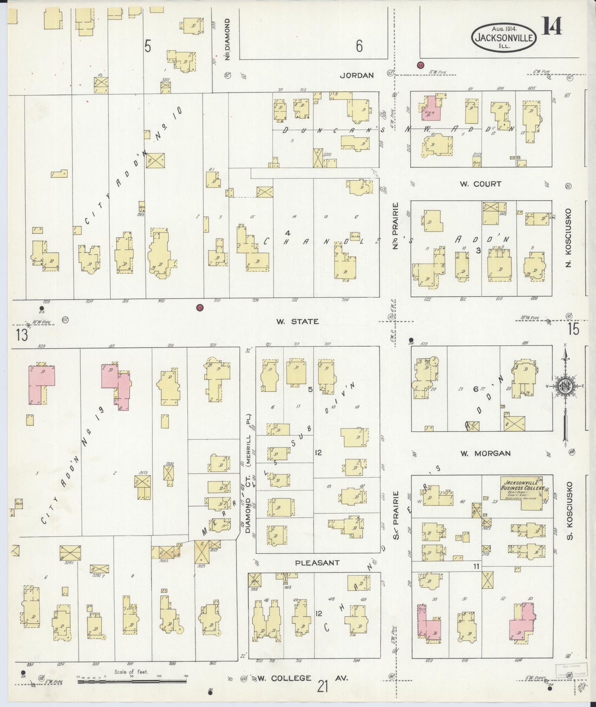 Sanborn Fire Insurance Map from Jacksonville, Morgan County, Illinois (1914), Sheet #0014 - Complete Map Set gallery image, historic Sanborn map, vintage wall art, Illinois Illinois