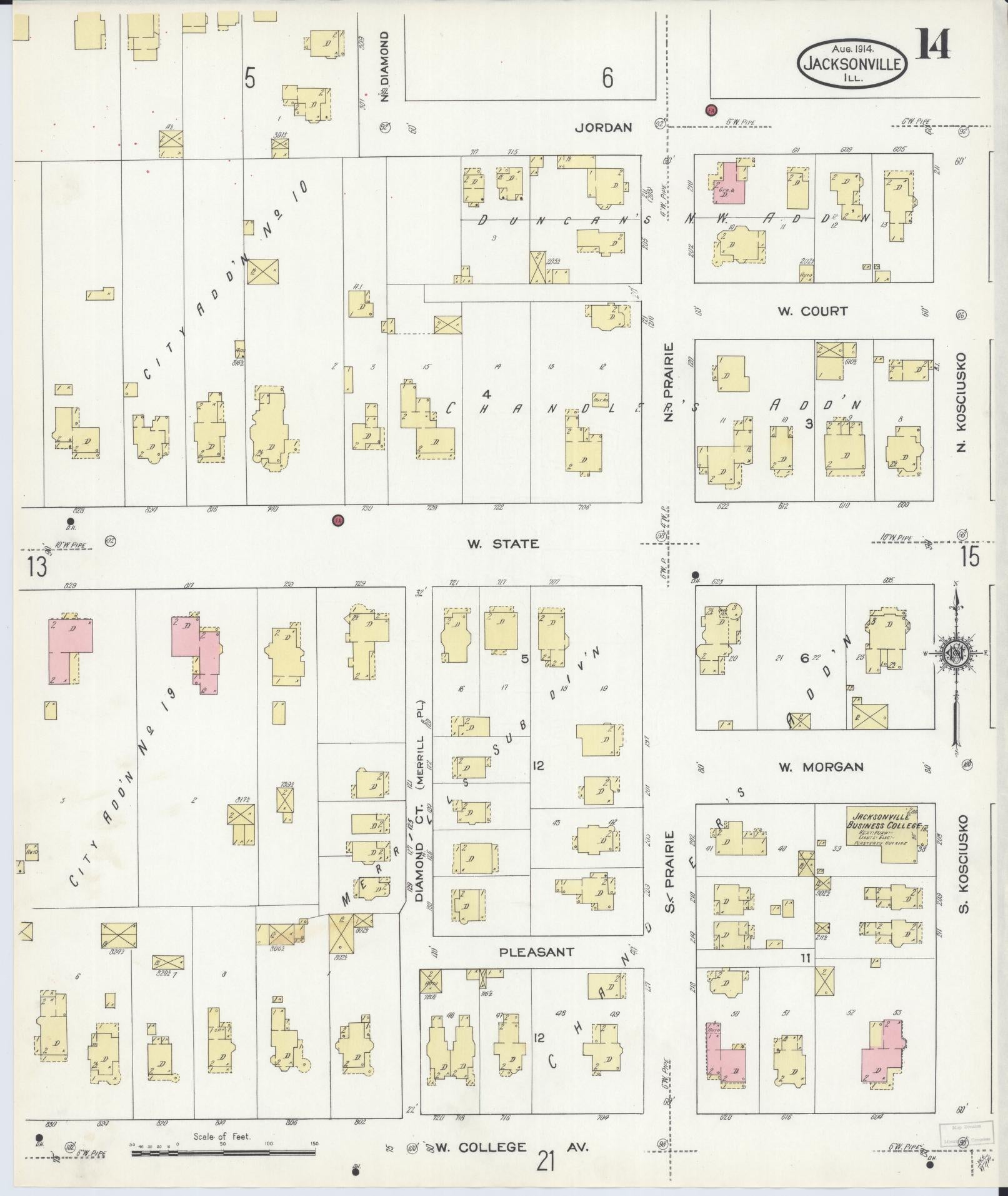 Sanborn Fire Insurance Map from Jacksonville, Morgan County, Illinois (1914), Sheet #0014 - Complete Map Set gallery image, historic Sanborn map, vintage wall art, Illinois Illinois