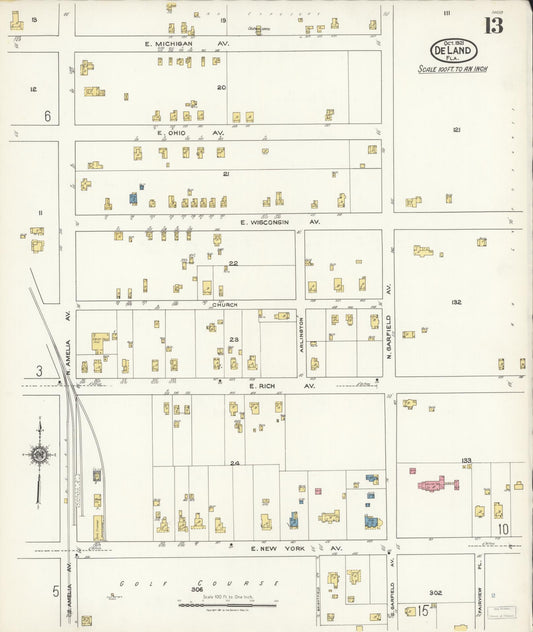 Sanborn Fire Insurance Map from De Land, Volusia County, Florida (1921), Sheet #0013 - Historic Sanborn Fire Insurance Map Print, vintage old map wall art, antique decor, genealogy gift, Florida Florida map
