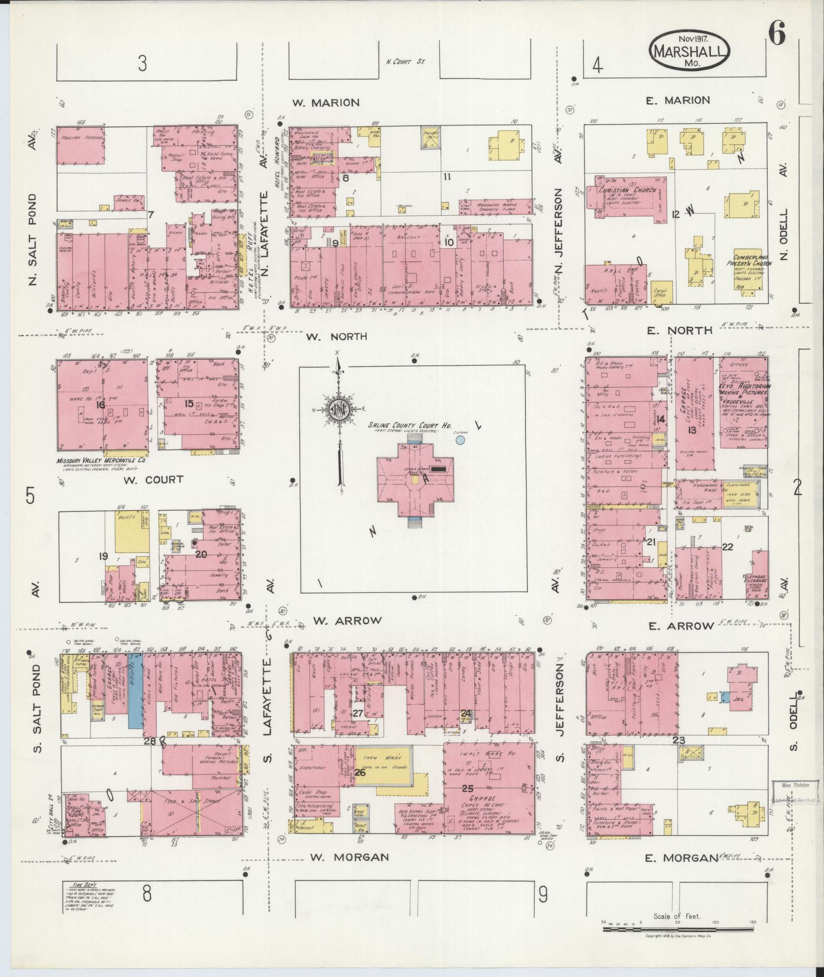Sanborn Fire Insurance Map from Marshall, Saline County, Missouri (1917), Sheet #0006 - Historic Sanborn Fire Insurance Map Print, vintage old map wall art, antique decor, genealogy gift, Missouri Missouri map