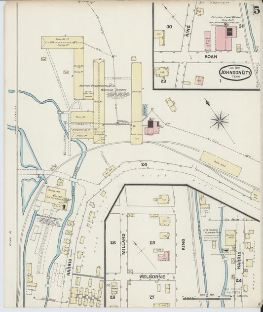 Sanborn Fire Insurance Map from Johnson City, Washington County, Tennessee (1891), Sheet #0005 - Historic Sanborn Fire Insurance Map Print, vintage old map wall art, antique decor, genealogy gift, Tennessee Tennessee map
