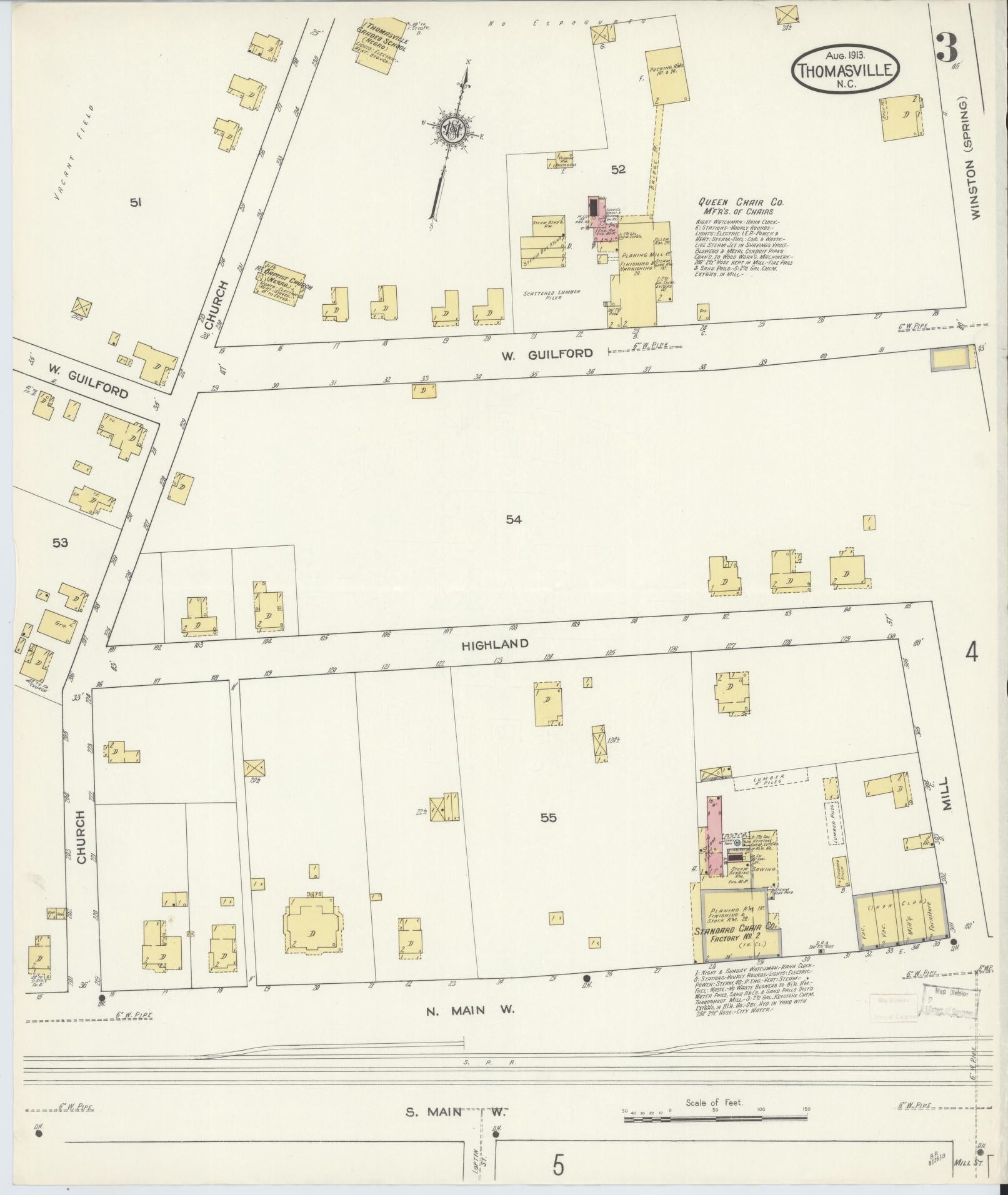 Sanborn Fire Insurance Map from Thomasville, Davidson County, North Carolina (1913), Sheet #0003 - Historic Sanborn Fire Insurance Map Print, vintage old map wall art, antique decor, genealogy gift, North Carolina North Carolina map
