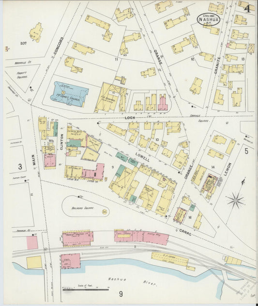 Sanborn Fire Insurance Map from Nashua, Hillsborough County, New Hampshire (1897), Sheet #0004 - Historic Sanborn Fire Insurance Map Print, vintage old map wall art, antique decor, genealogy gift, New Hampshire New Hampshire map