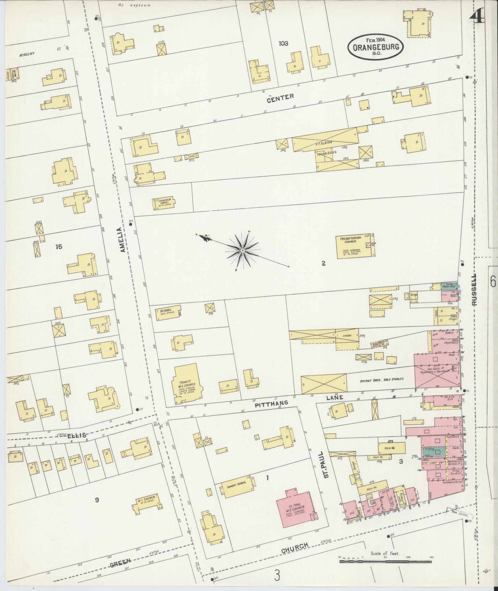 Sanborn Fire Insurance Map from Orangeburg, Orangeburg County, South Carolina (1904), Sheet #0004 - Historic Sanborn Fire Insurance Map Print, vintage old map wall art, antique decor, genealogy gift, South Carolina South Carolina map