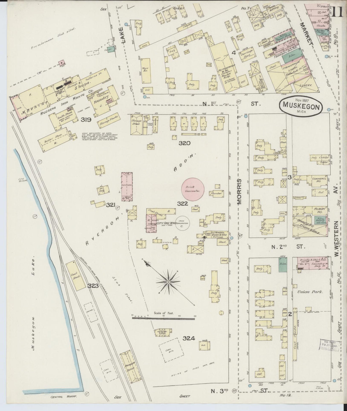 Sanborn Fire Insurance Map from Muskegon, Muskegon County, Michigan (1887), Sheet #0011 - Historic Sanborn Fire Insurance Map Print, vintage old map wall art, antique decor, genealogy gift, Michigan Michigan map