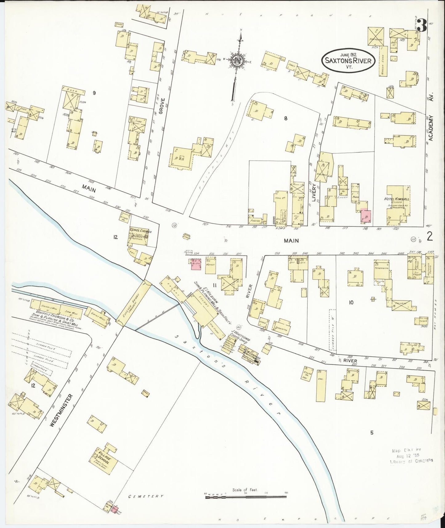 Sanborn Fire Insurance Map from Saxton's River, Windham County, Vermont (1912), Sheet #0003 - Complete Map Set gallery image, historic Sanborn map, vintage wall art, Vermont Vermont