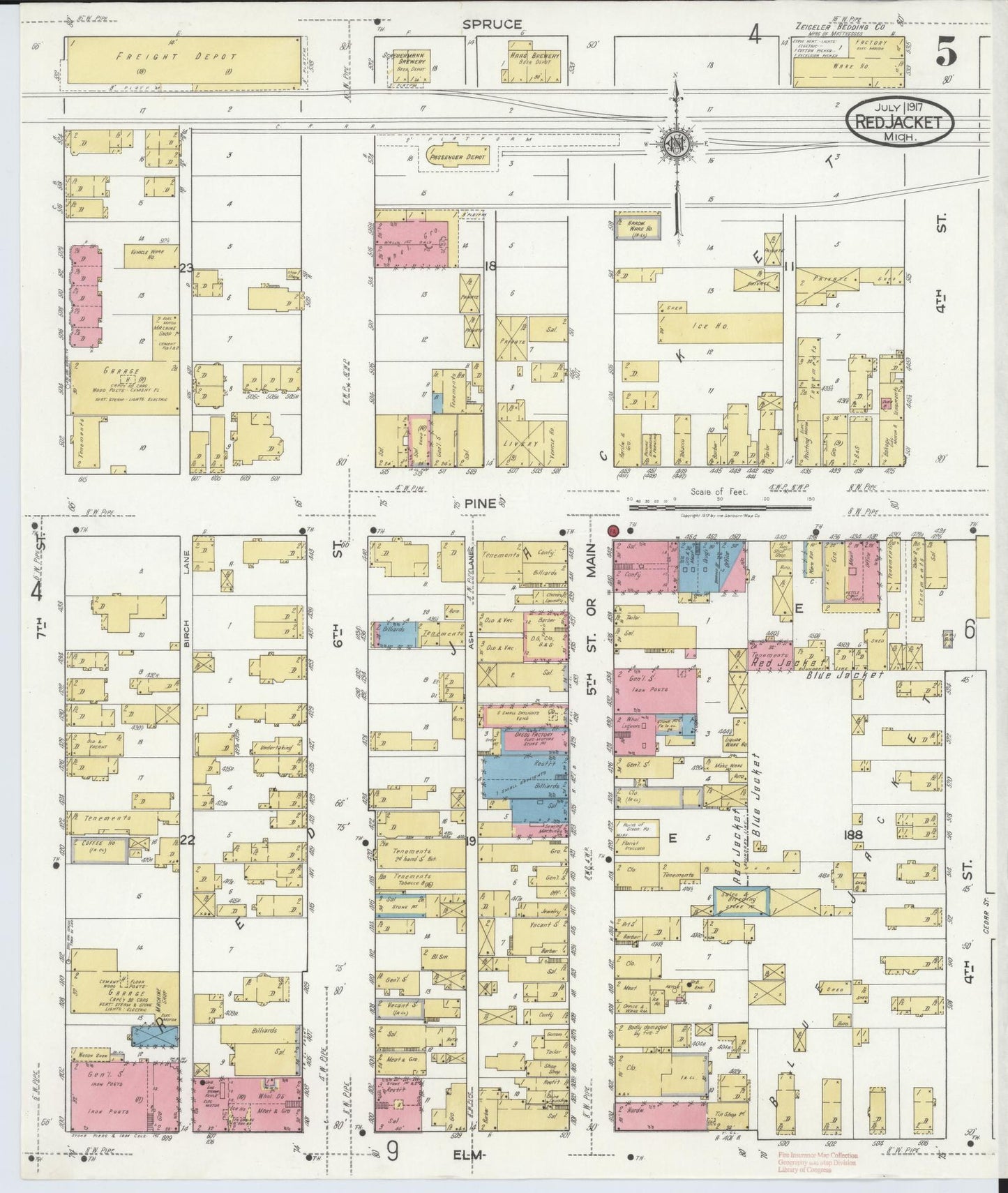 Sanborn Fire Insurance Map from Red Jacket, Houghton County, Michigan (1917), Sheet #0005 - Complete Map Set gallery image, historic Sanborn map, vintage wall art, Michigan Michigan