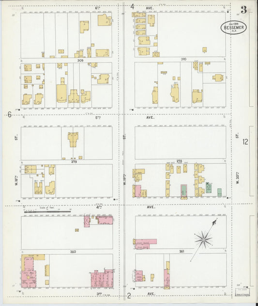 Sanborn Fire Insurance Map from Bessemer, Jefferson County, Alabama (1899), Sheet #0003 - Historic Sanborn Fire Insurance Map Print, vintage old map wall art, antique decor, genealogy gift, Alabama Alabama map