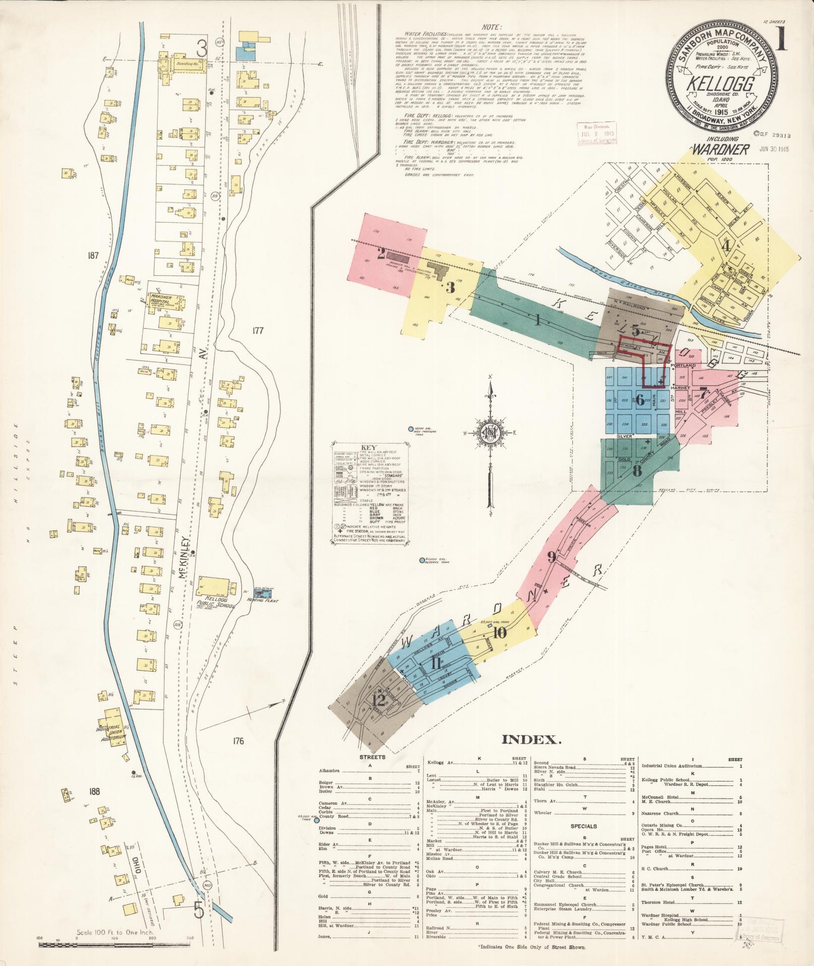 Sanborn Fire Insurance Map from Kellogg, Shoshone County, Idaho (1915), Sheet #0001 - Complete Map Set gallery image, historic Sanborn map, vintage wall art, Idaho Idaho