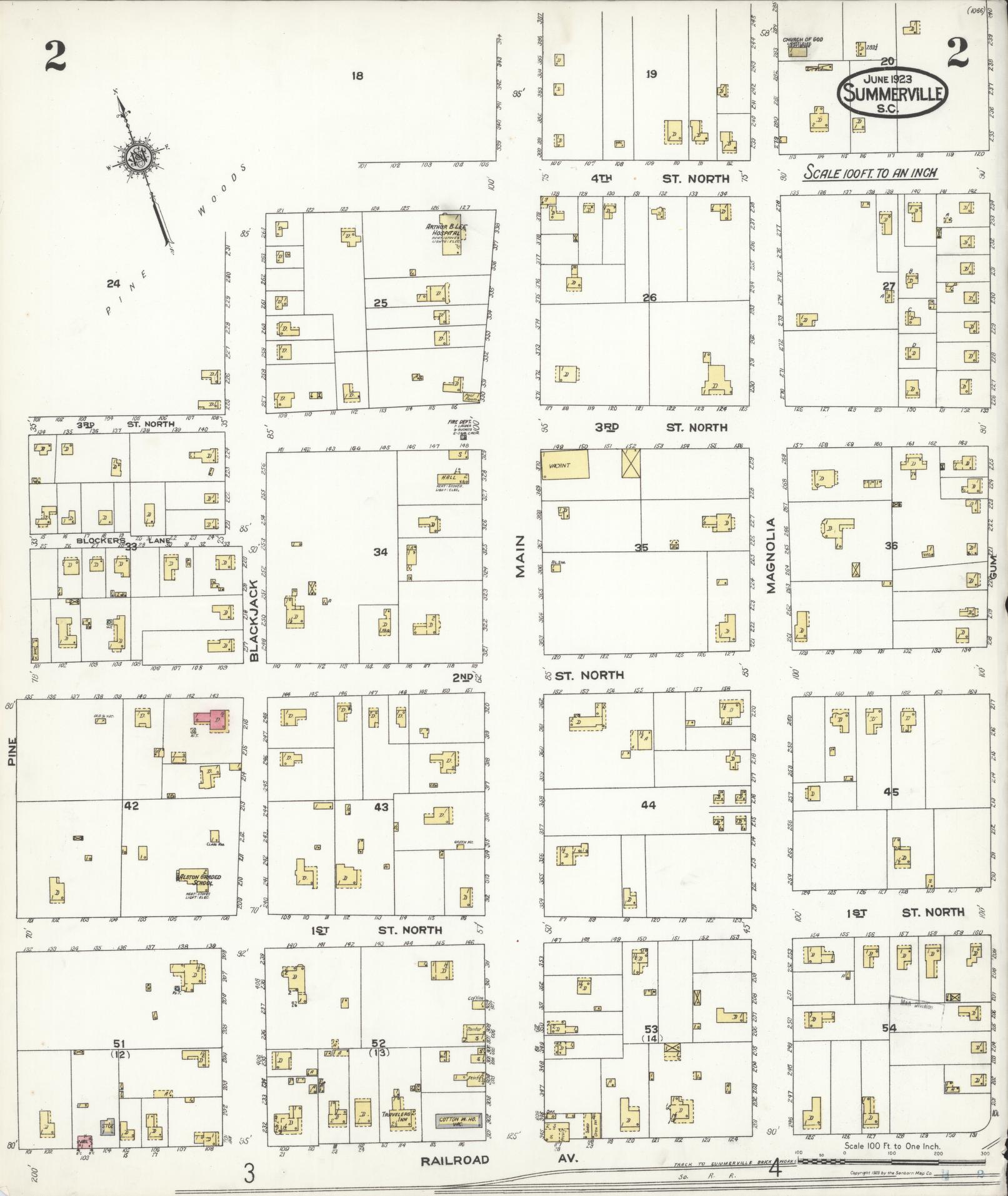 Sanborn Fire Insurance Map from Summerville, Dorchester County, South Carolina (1923), Sheet #0002 - Complete Map Set gallery image, historic Sanborn map, vintage wall art, South Carolina South Carolina