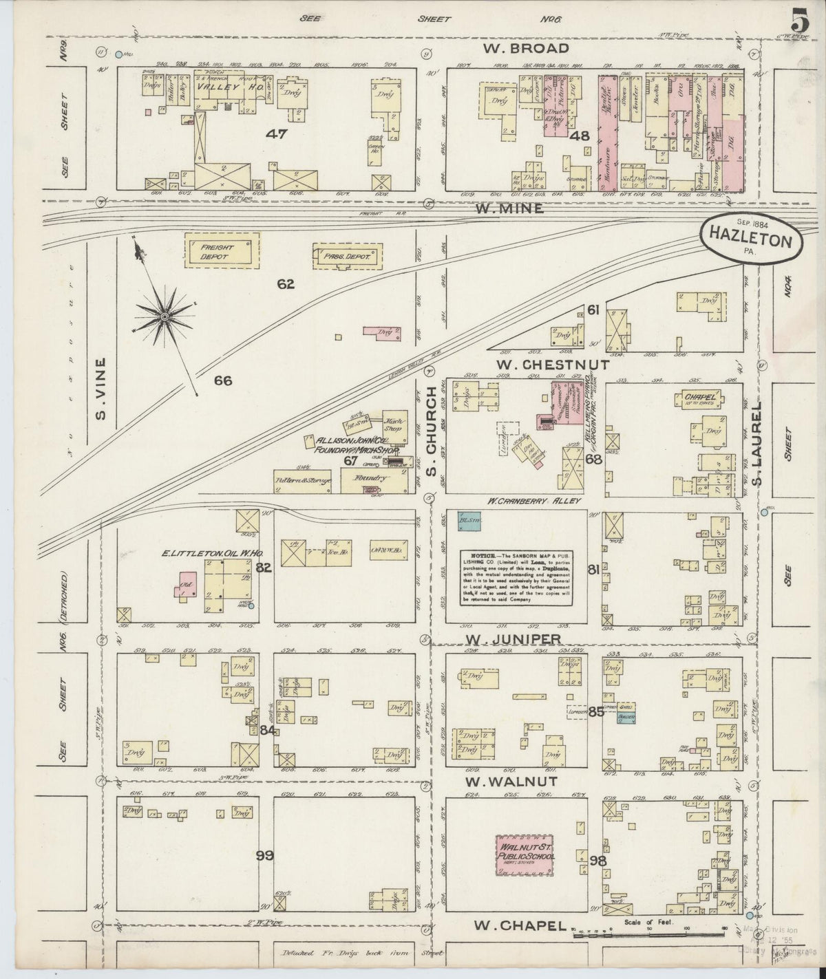 Sanborn Fire Insurance Map from Hazleton, Luzerne County, Pennsylvania (1884), Sheet #0005 - Historic Sanborn Fire Insurance Map Print, vintage old map wall art, antique decor, genealogy gift, Pennsylvania Pennsylvania map