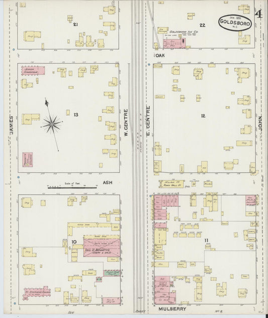 Sanborn Fire Insurance Map from Goldsboro, Wayne County, North Carolina (1891), Sheet #0004 - Historic Sanborn Fire Insurance Map Print, vintage old map wall art, antique decor, genealogy gift, North Carolina North Carolina map