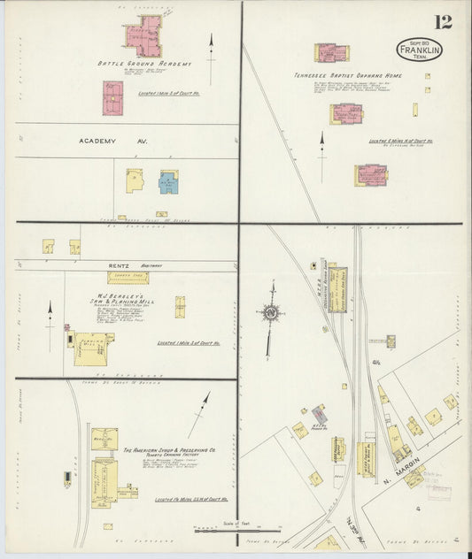 Sanborn Fire Insurance Map from Franklin, Williamson County, Tennessee (1913), Sheet #0012 - Historic Sanborn Fire Insurance Map Print, vintage old map wall art, antique decor, genealogy gift, Tennessee Tennessee map