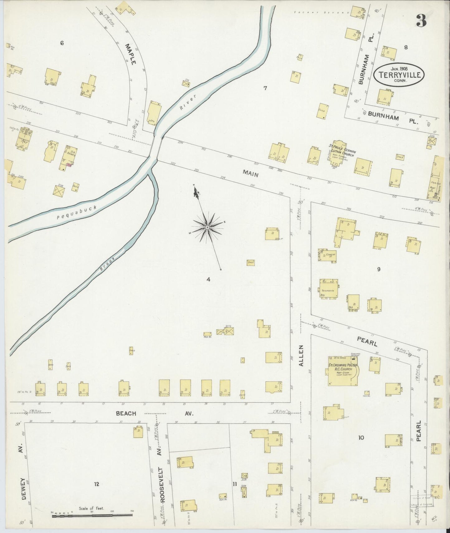Sanborn Fire Insurance Map from Terryville, Litchfield County, Connecticut (1908), Sheet #0003 - Complete Map Set gallery image, historic Sanborn map, vintage wall art, Connecticut Connecticut