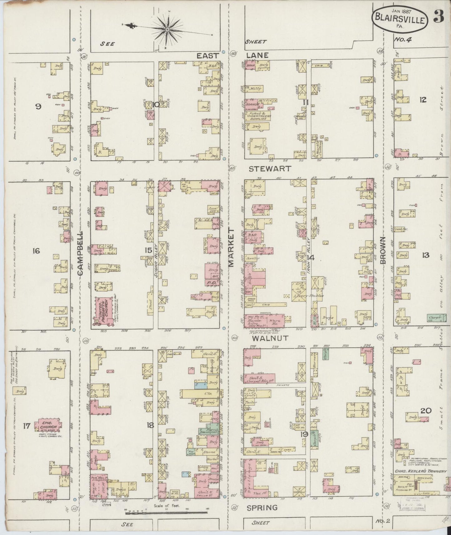 Sanborn Fire Insurance Map from Blairsville, Indiana County, Pennsylvania (1887), Sheet #0003 - Historic Sanborn Fire Insurance Map Print, vintage old map wall art, antique decor, genealogy gift, Pennsylvania Pennsylvania map