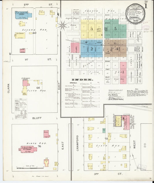 Sanborn Fire Insurance Map from Carroll, Carroll County, Iowa (1893), Sheet #0001 - Historic Sanborn Fire Insurance Map Print, vintage old map wall art