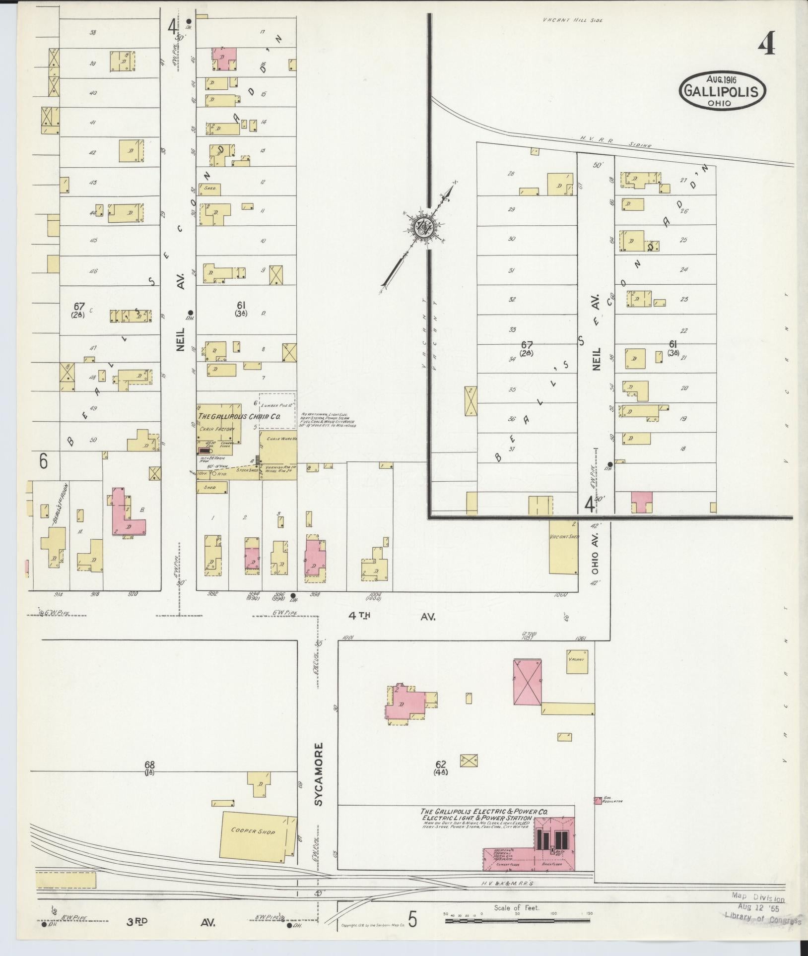 Sanborn Fire Insurance Map from Gallipolis, Gallia County, Ohio (1916), Sheet #0004 - Historic Sanborn Fire Insurance Map Print, vintage old map wall art, antique decor, genealogy gift, Ohio Ohio map