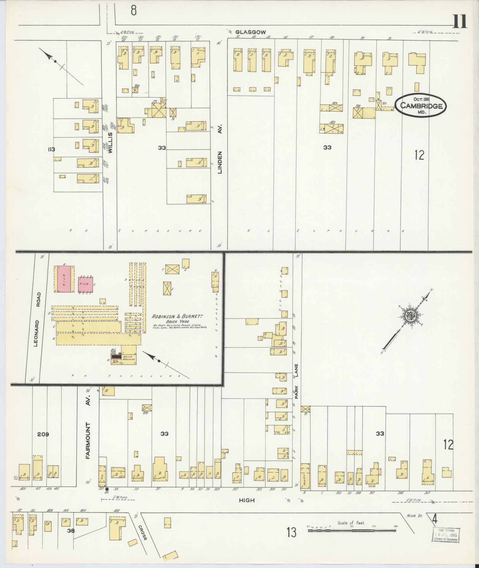 Dorchester, Maryland - 1911 - Sanborn Fire Insurance Map, Sheet #0011 - Historic Sanborn Fire Insurance Map Print, Dorchester Maryland 1911 0011 vintage old map wall art