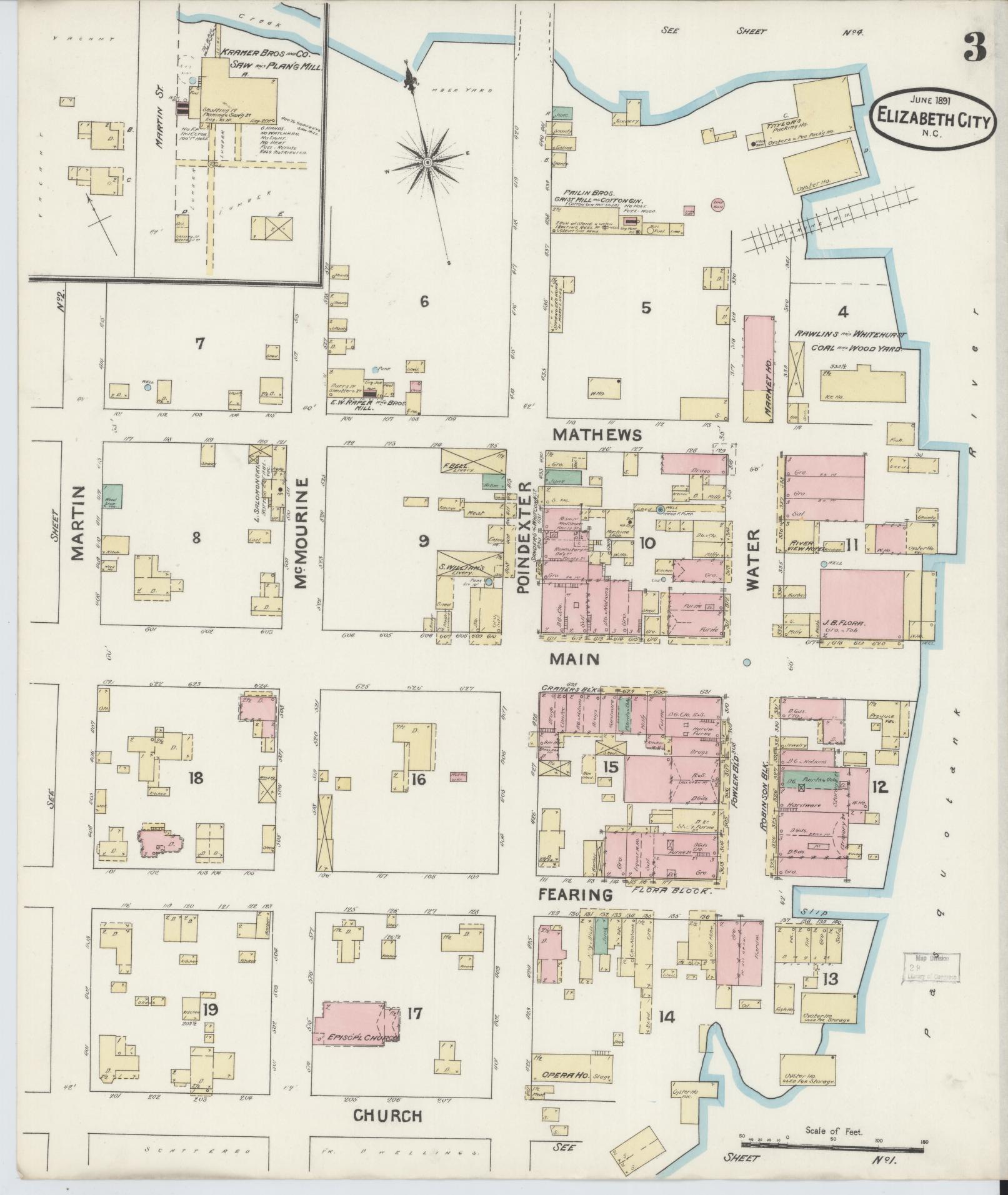 Sanborn Fire Insurance Map from Elizabeth City, Pasquotank County, North Carolina (1891), Sheet #0003 - Historic Sanborn Fire Insurance Map Print, vintage old map wall art, antique decor, genealogy gift, North Carolina North Carolina map