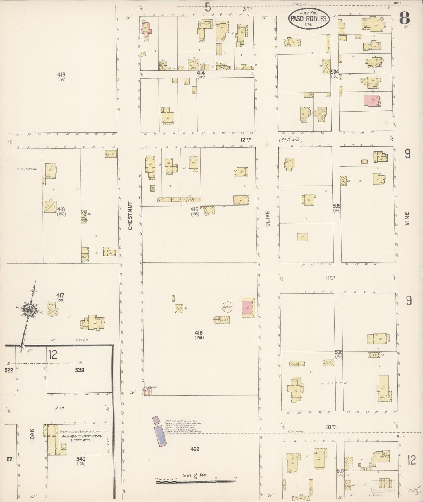 Sanborn Fire Insurance Map from Paso Robles, San Luis Obispo County, California (1910), Sheet #0008 - Complete Map Set gallery image, historic Sanborn map, vintage wall art, California California