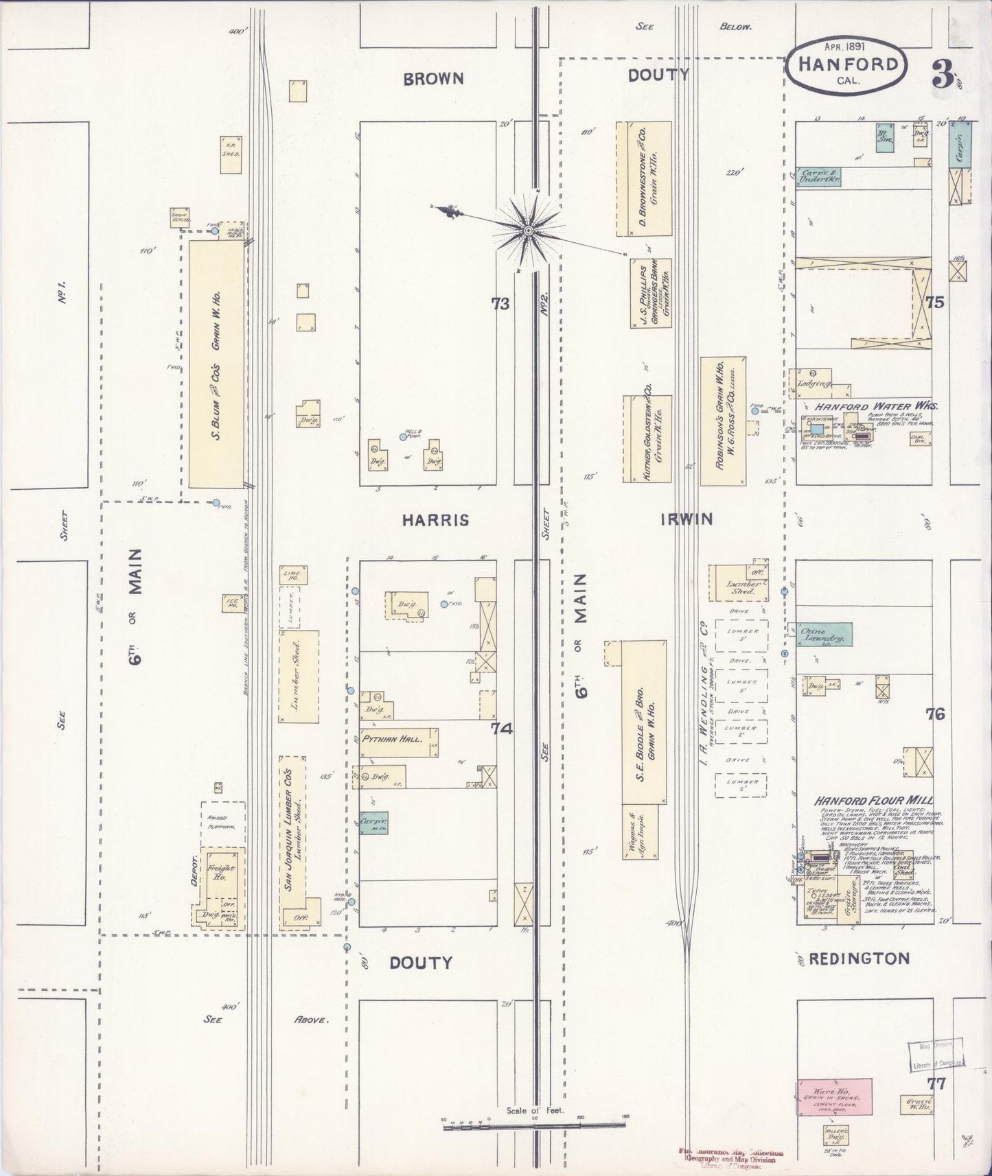 Sanborn Fire Insurance Map from Hanford, Kings County, California (1891), Sheet #0003 - Complete Map Set gallery image, historic Sanborn map, vintage wall art, California California