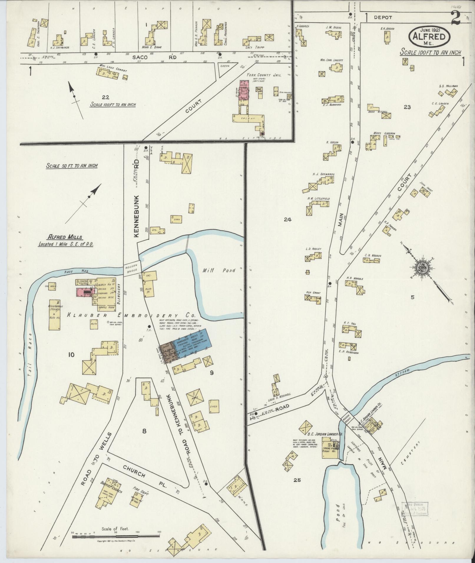 Sanborn Fire Insurance Map from Alfred, York County, Maine (1921), Sheet #0002 - Complete Map Set gallery image, historic Sanborn map, vintage wall art, Maine Maine