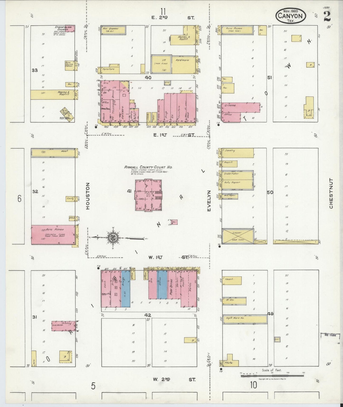 Sanborn Fire Insurance Map from Canyon, Randall County, Texas (1920), Sheet #0002 - Historic Sanborn Fire Insurance Map Print, vintage old map wall art, antique decor, genealogy gift, Texas Texas map