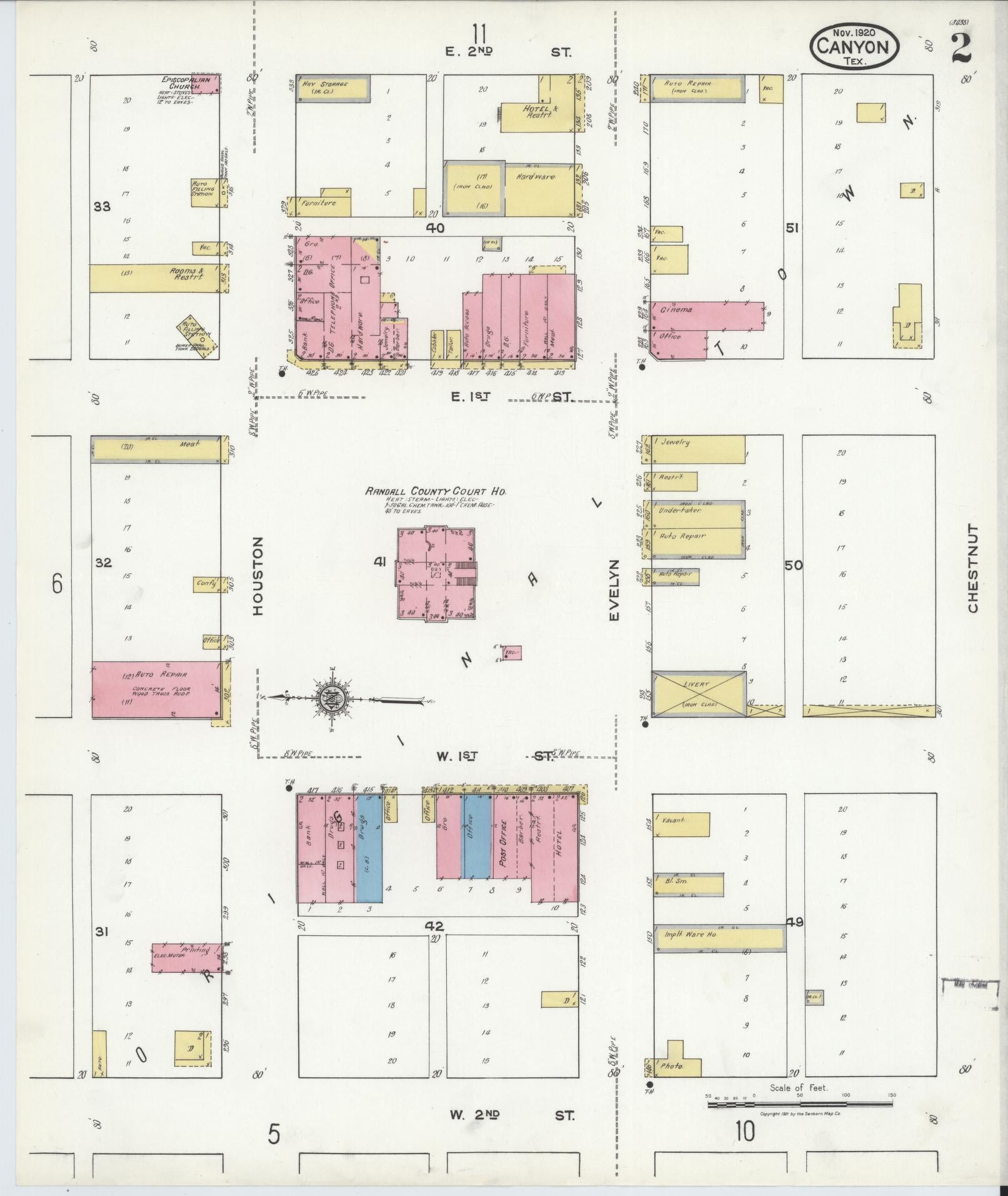 Sanborn Fire Insurance Map from Canyon, Randall County, Texas (1920), Sheet #0002 - Historic Sanborn Fire Insurance Map Print, vintage old map wall art, antique decor, genealogy gift, Texas Texas map