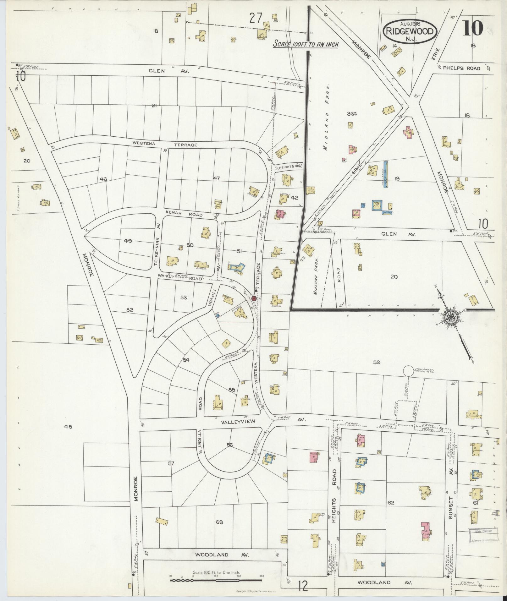 Sanborn Fire Insurance Map from Ridgewood, Bergen County, New Jersey (1916), Sheet #0010 - Complete Map Set gallery image, historic Sanborn map, vintage wall art, New Jersey New Jersey