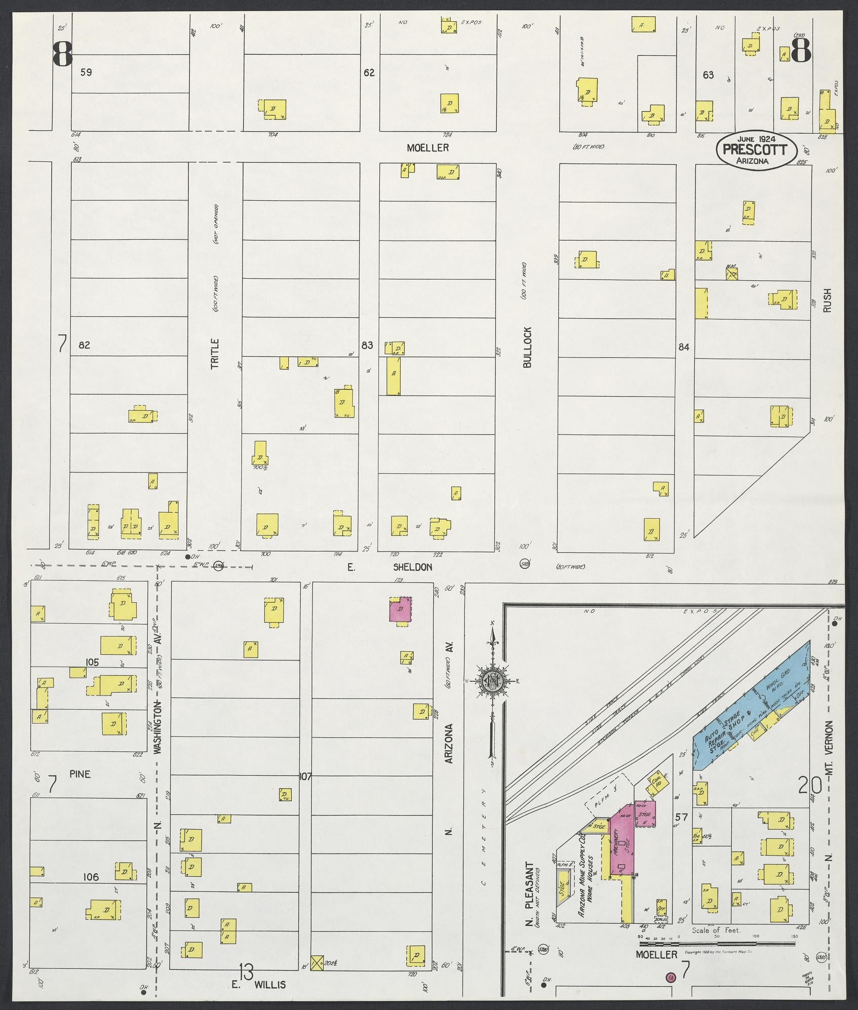 Sanborn Fire Insurance Map from Prescott, Yavapai County, Arizona (1924), Sheet #0008 - Complete Map Set gallery image, historic Sanborn map, vintage wall art, Arizona Arizona
