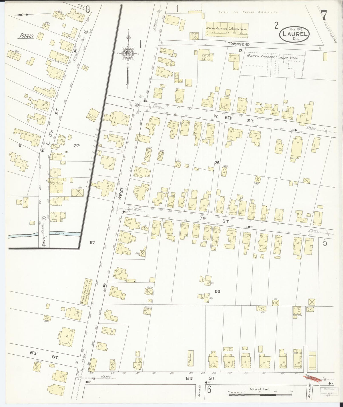 Sanborn Fire Insurance Map from Laurel, Sussex County, Delaware (1912), Sheet #0007 - Historic Sanborn Fire Insurance Map Print, vintage old map wall art, antique decor, genealogy gift, Delaware Delaware map