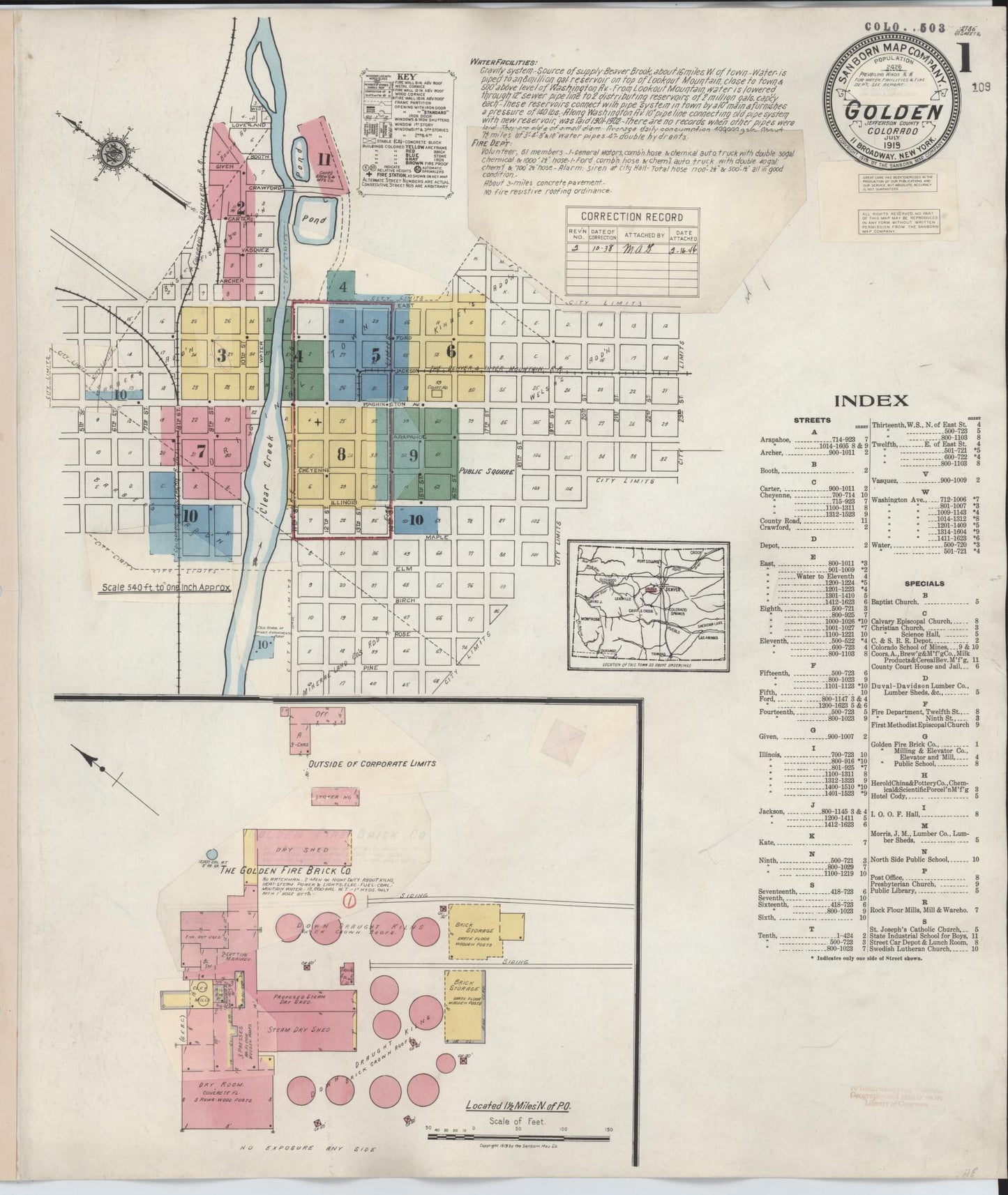 Sanborn Fire Insurance Map from Golden, Jefferson County, Colorado (1938), Sheet #0001 - Complete Map Set gallery image, historic Sanborn map, vintage wall art, Colorado Colorado