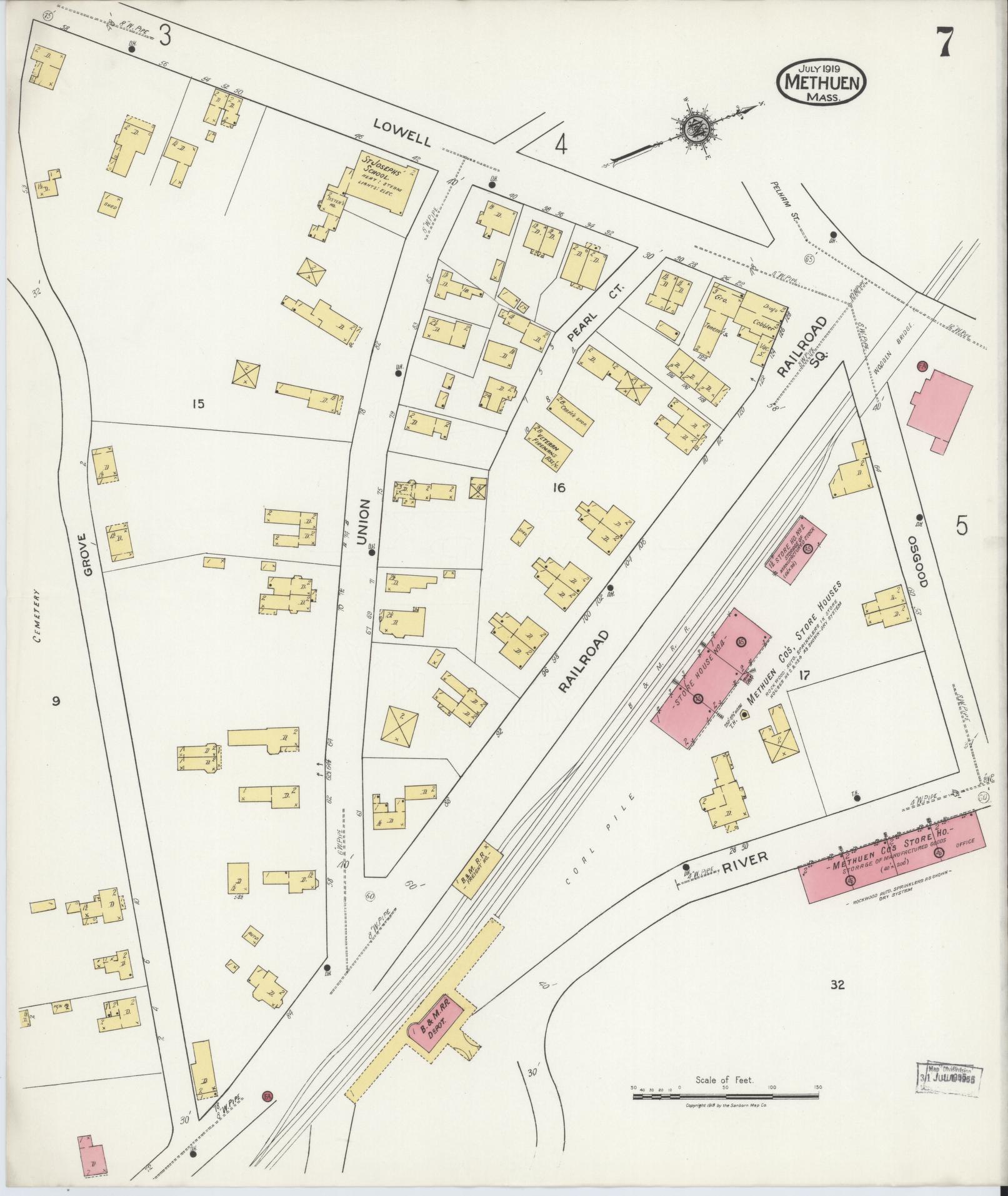 Sanborn Fire Insurance Map from Methuen, Essex County, Massachusetts (1919), Sheet #0007 - Historic Sanborn Fire Insurance Map Print, vintage old map wall art, antique decor, genealogy gift, Massachusetts Massachusetts map