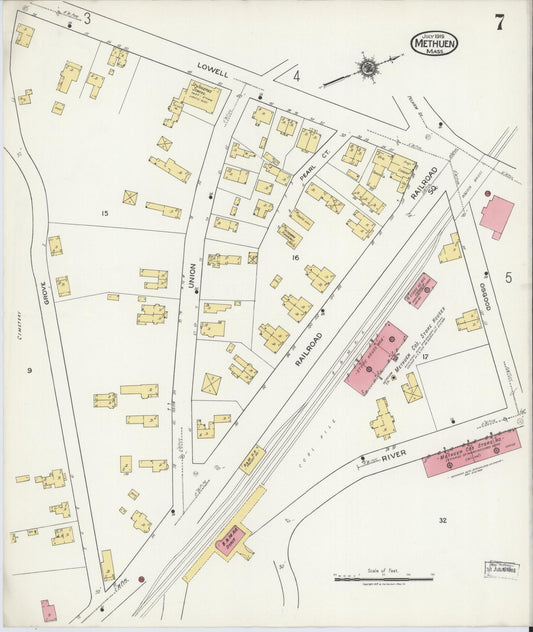 Sanborn Fire Insurance Map from Methuen, Essex County, Massachusetts (1919), Sheet #0007 - Historic Sanborn Fire Insurance Map Print, vintage old map wall art, antique decor, genealogy gift, Massachusetts Massachusetts map