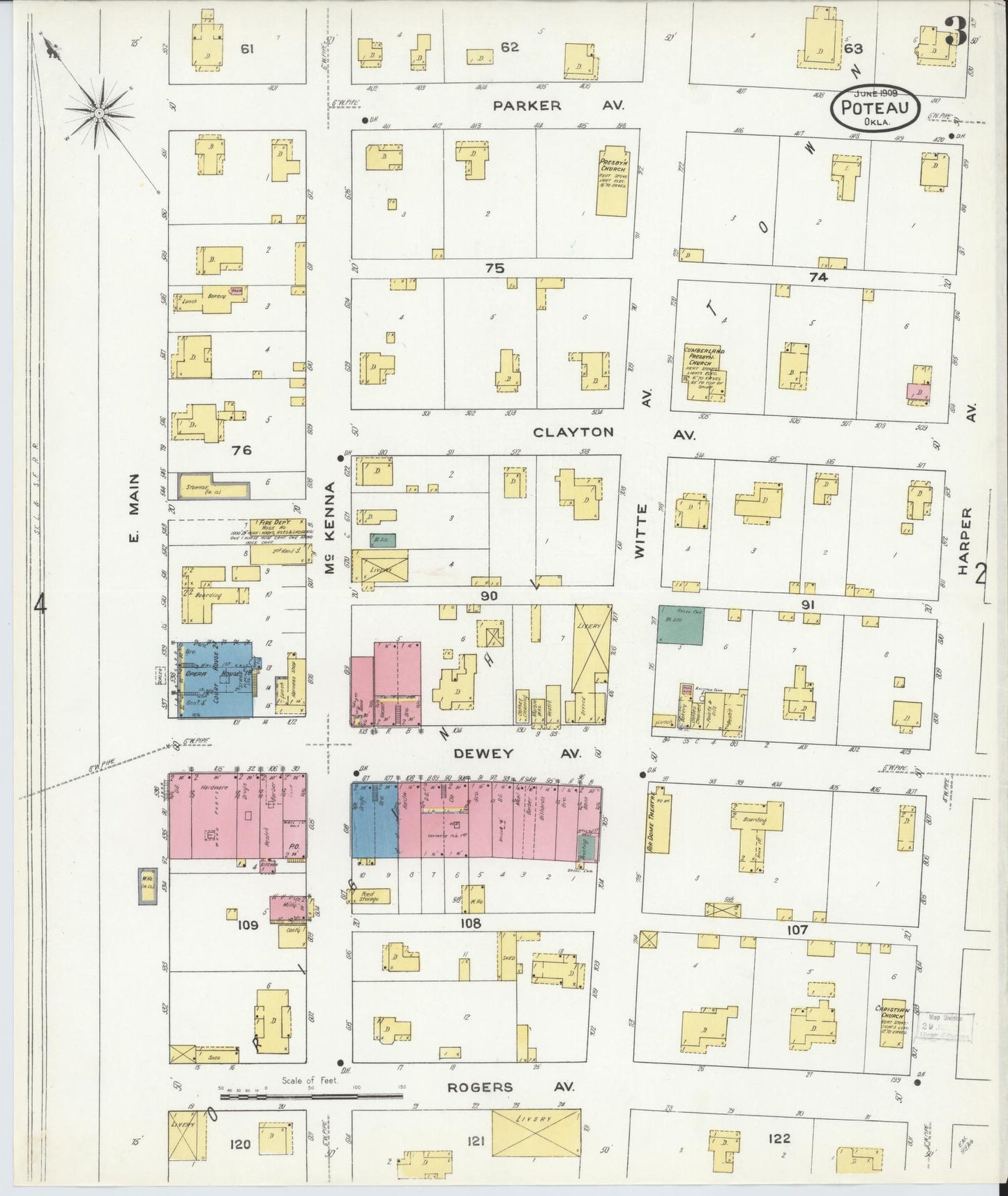 Sanborn Fire Insurance Map from Poteau, Le Flore County, Oklahoma (1909), Sheet #0003 - Historic Sanborn Fire Insurance Map Print, vintage old map wall art, antique decor, genealogy gift, Oklahoma Oklahoma map