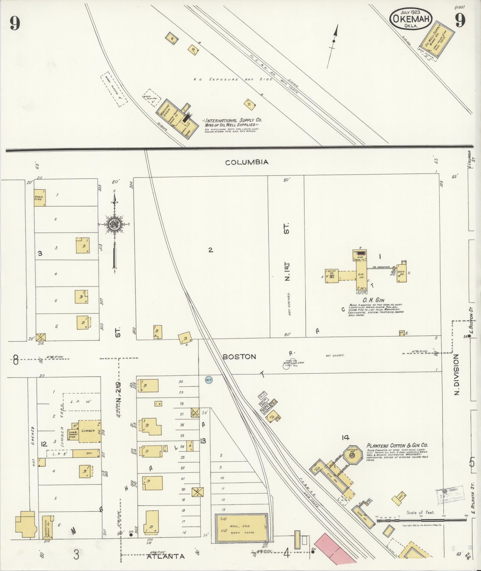 Sanborn Fire Insurance Map from Okemah, Okfuskee County, Oklahoma (1923), Sheet #0009 - Complete Map Set gallery image, historic Sanborn map, vintage wall art, Oklahoma Oklahoma