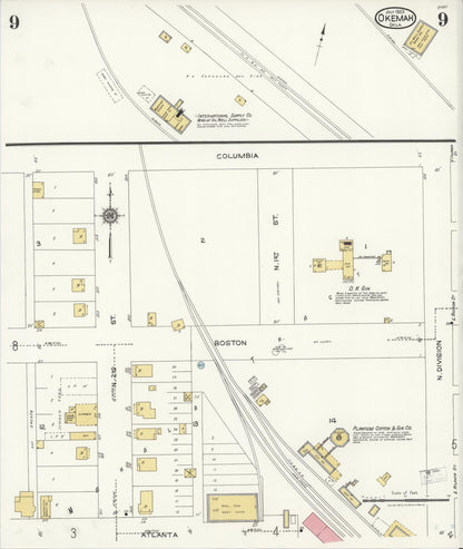 Sanborn Fire Insurance Map from Okemah, Okfuskee County, Oklahoma (1923), Sheet #0009 - Complete Map Set gallery image, historic Sanborn map, vintage wall art, Oklahoma Oklahoma