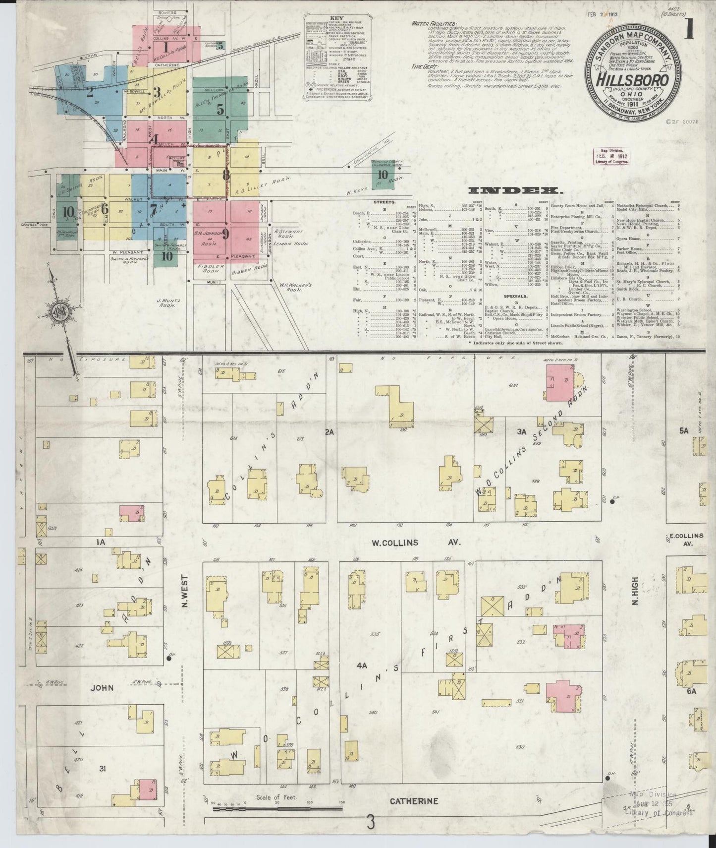 Sanborn Fire Insurance Map from Hillsboro, Highland County, Ohio (1911), Sheet #0001 - Historic Sanborn Fire Insurance Map Print, vintage old map wall art, antique decor, genealogy gift, Ohio Ohio map
